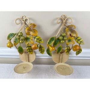 Vintage Italian Wall Sconce Set Cream Wrought Iron Pear Leaf Candle Holders
